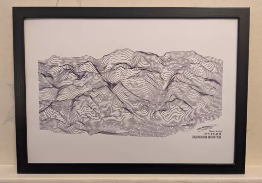 Pen plot in dark blue in a black frame illustrating the ridges of Cairngorm Mountain from the north