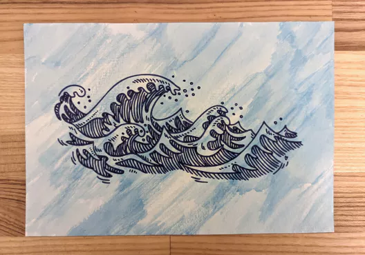 Postcard with light blue watercolour background and dark blue waves in a line style